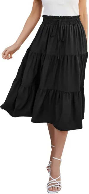 Midi Skirts for Women Trendy Casual Flowy A Line Elastic Tie Waist Tiered Ruffle Pleated Swing Boho Long Skirt Dress