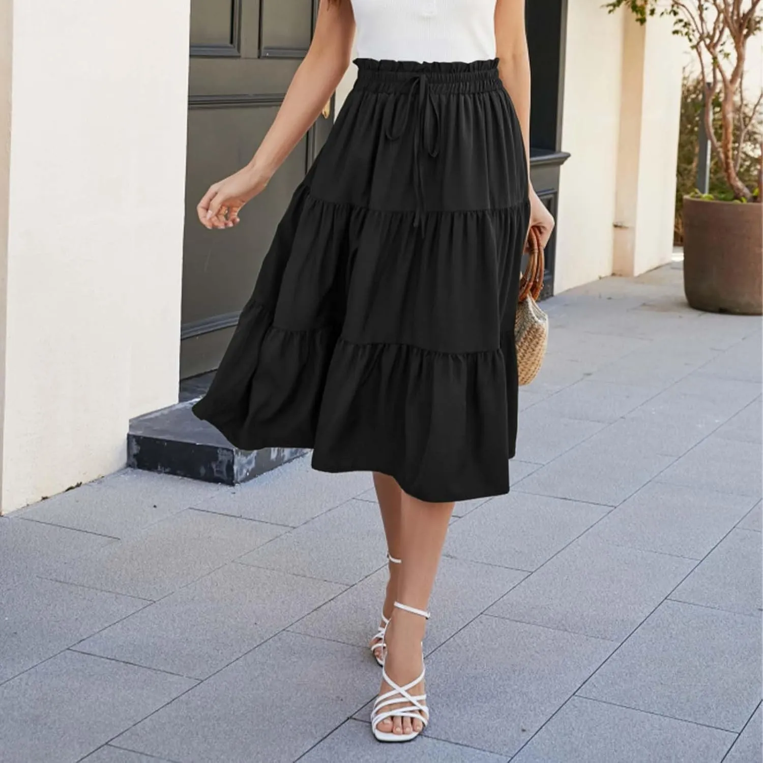 Midi Skirts for Women Trendy Casual Flowy A Line Elastic Tie Waist Tiered Ruffle Pleated Swing Boho Long Skirt Dress