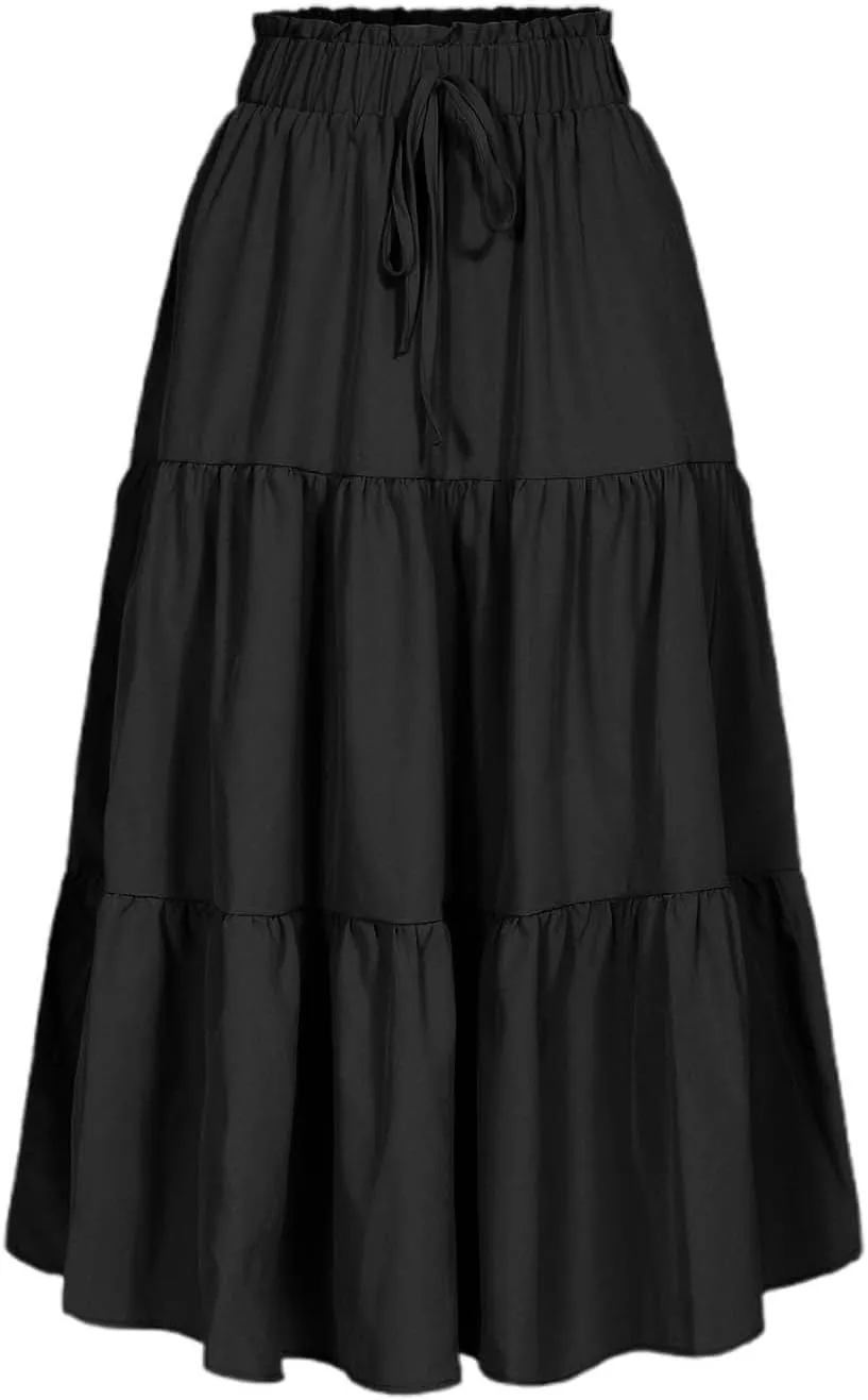 Midi Skirts for Women Trendy Casual Flowy A Line Elastic Tie Waist Tiered Ruffle Pleated Swing Boho Long Skirt Dress