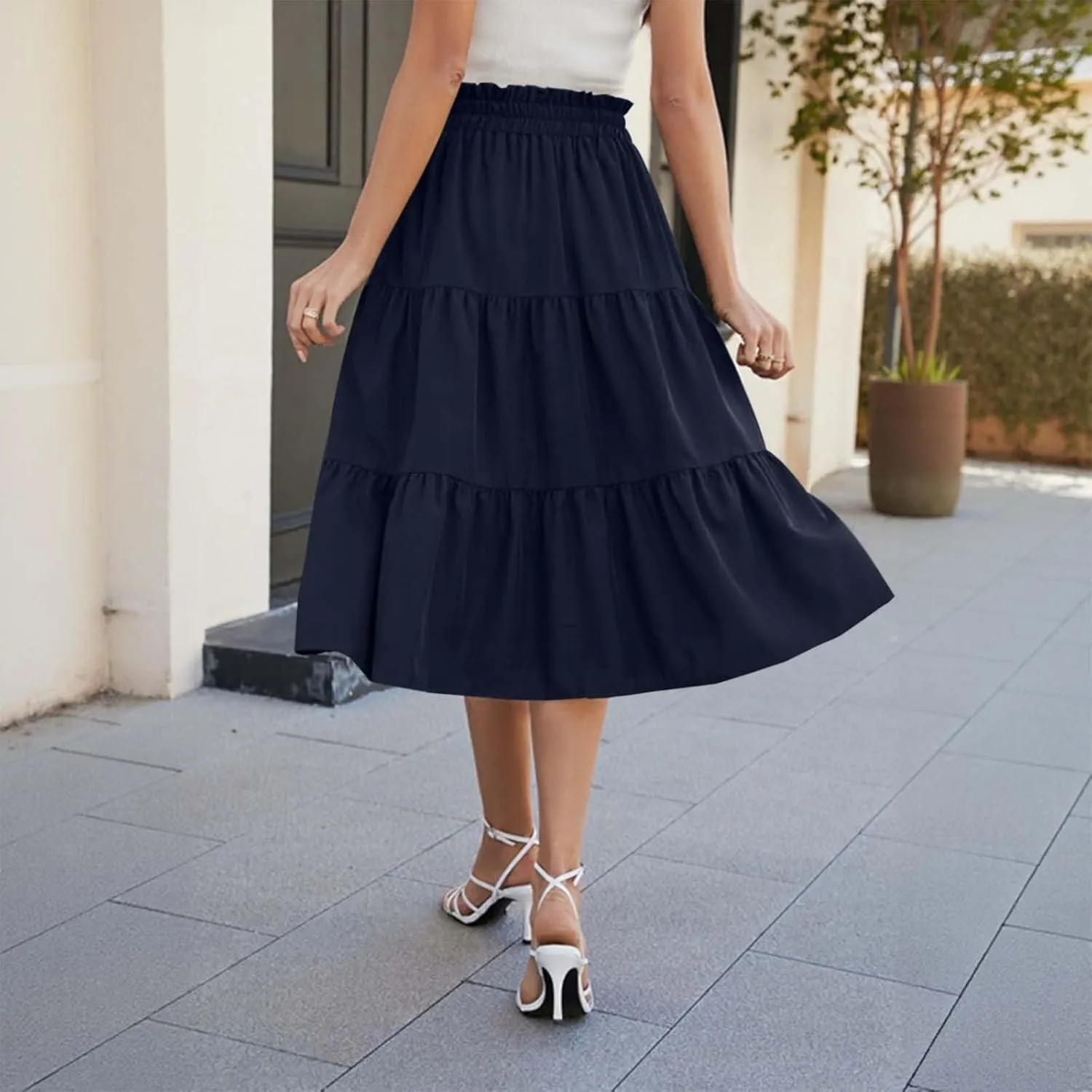 Midi Skirts for Women Trendy Casual Flowy A Line Elastic Tie Waist Tiered Ruffle Pleated Swing Boho Long Skirt Dress