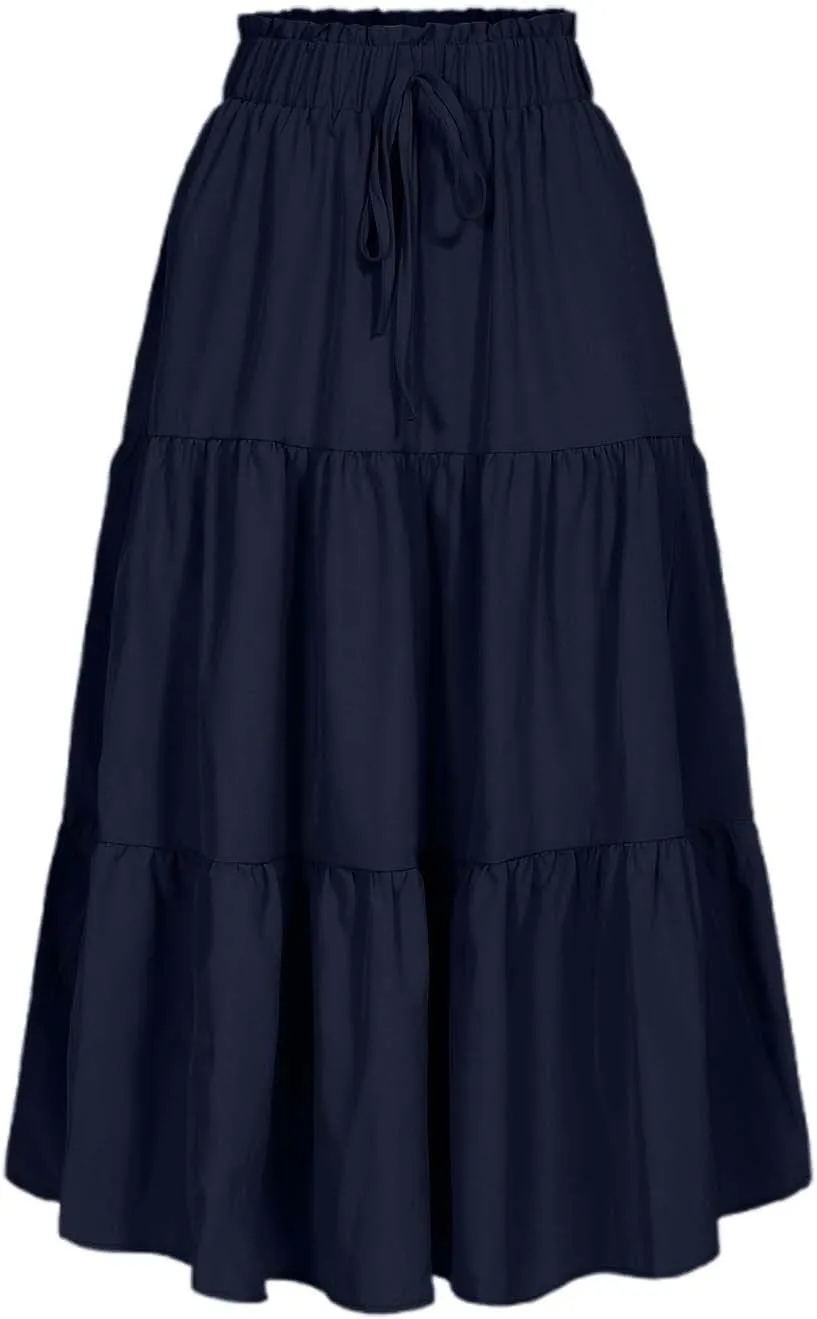 Midi Skirts for Women Trendy Casual Flowy A Line Elastic Tie Waist Tiered Ruffle Pleated Swing Boho Long Skirt Dress