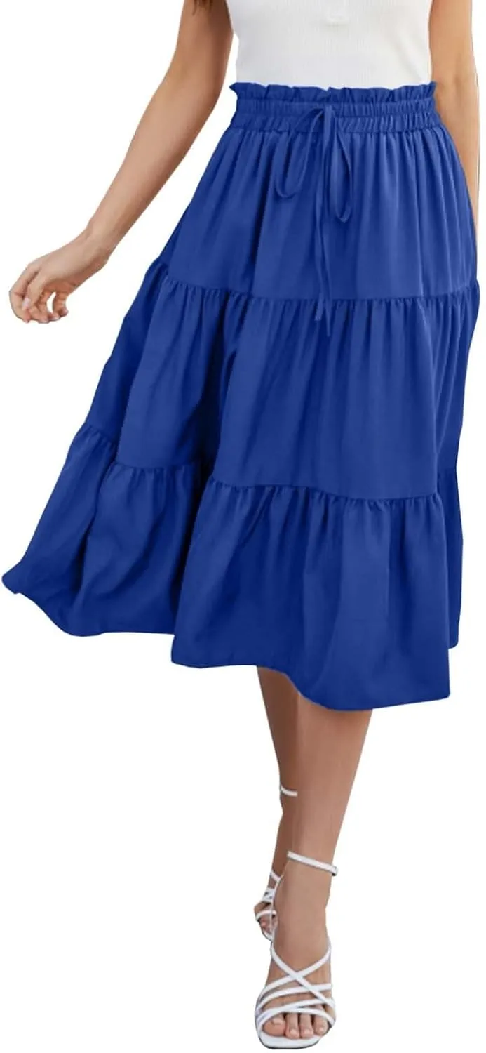 Midi Skirts for Women Trendy Casual Flowy A Line Elastic Tie Waist Tiered Ruffle Pleated Swing Boho Long Skirt Dress
