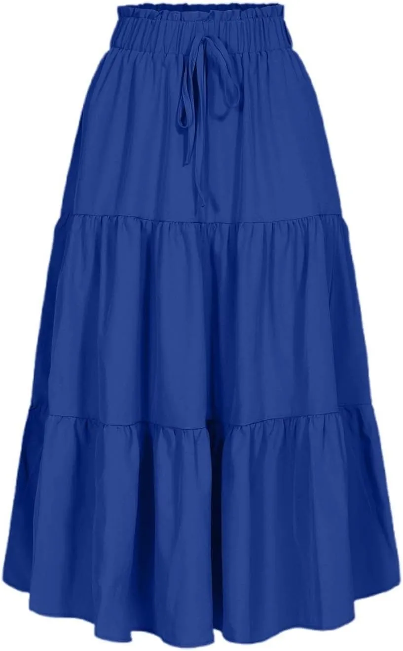 Midi Skirts for Women Trendy Casual Flowy A Line Elastic Tie Waist Tiered Ruffle Pleated Swing Boho Long Skirt Dress