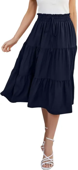 Midi Skirts for Women Trendy Casual Flowy A Line Elastic Tie Waist Tiered Ruffle Pleated Swing Boho Long Skirt Dress