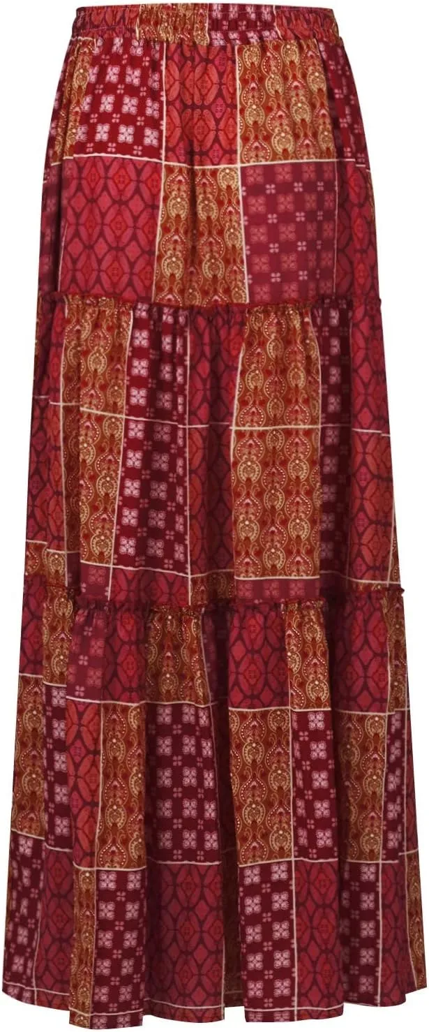 Midi Skirts for Women,Elastic High Waisted Drawstring Bohemian Flowy Maxi Skirts Trendy 2025 Summer Vacation