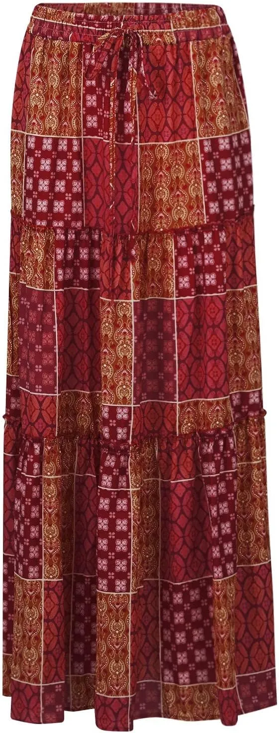 Midi Skirts for Women,Elastic High Waisted Drawstring Bohemian Flowy Maxi Skirts Trendy 2025 Summer Vacation