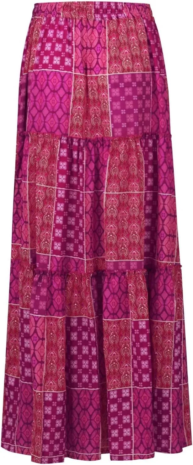 Midi Skirts for Women,Elastic High Waisted Drawstring Bohemian Flowy Maxi Skirts Trendy 2025 Summer Vacation