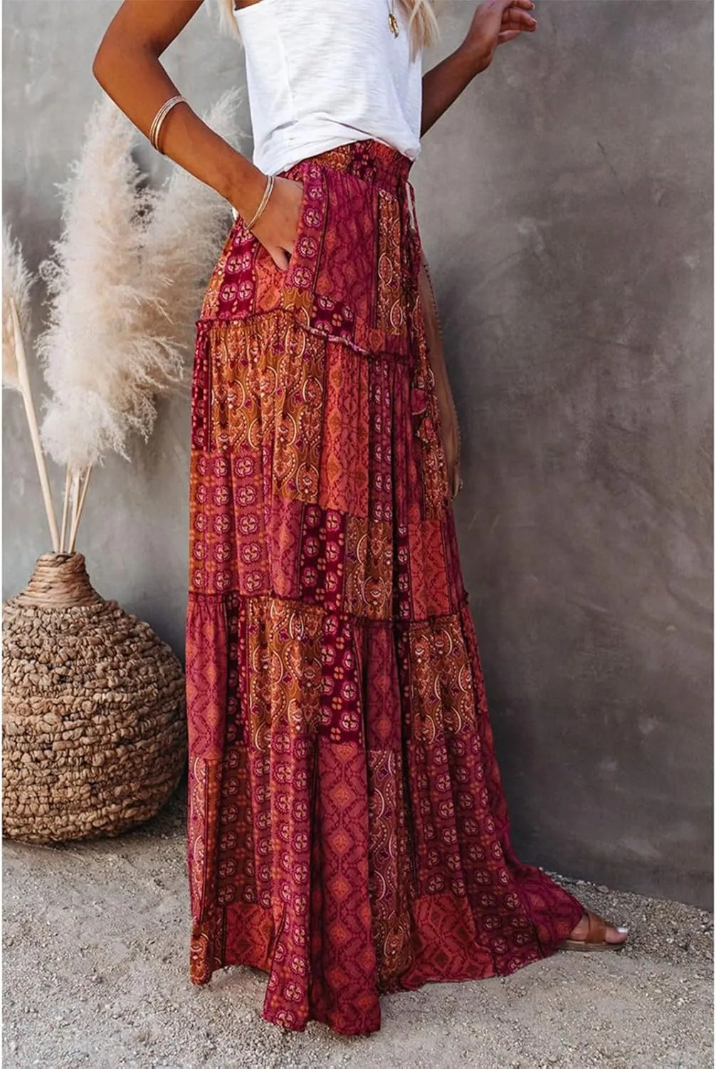 Midi Skirts for Women,Elastic High Waisted Drawstring Bohemian Flowy Maxi Skirts Trendy 2025 Summer Vacation