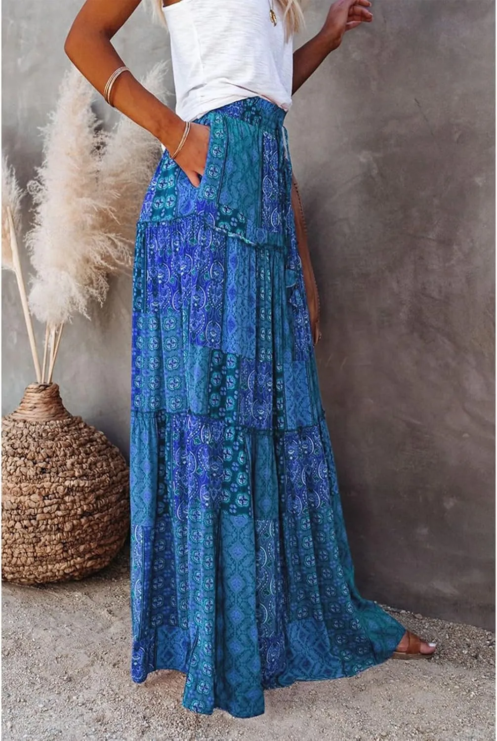 Midi Skirts for Women,Elastic High Waisted Drawstring Bohemian Flowy Maxi Skirts Trendy 2025 Summer Vacation