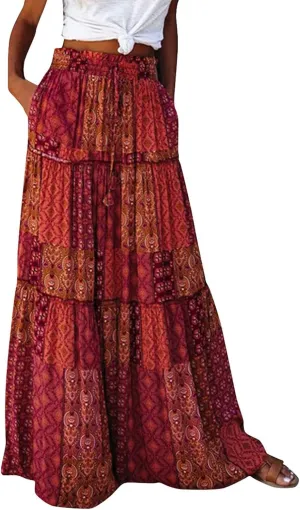 Midi Skirts for Women,Elastic High Waisted Drawstring Bohemian Flowy Maxi Skirts Trendy 2025 Summer Vacation