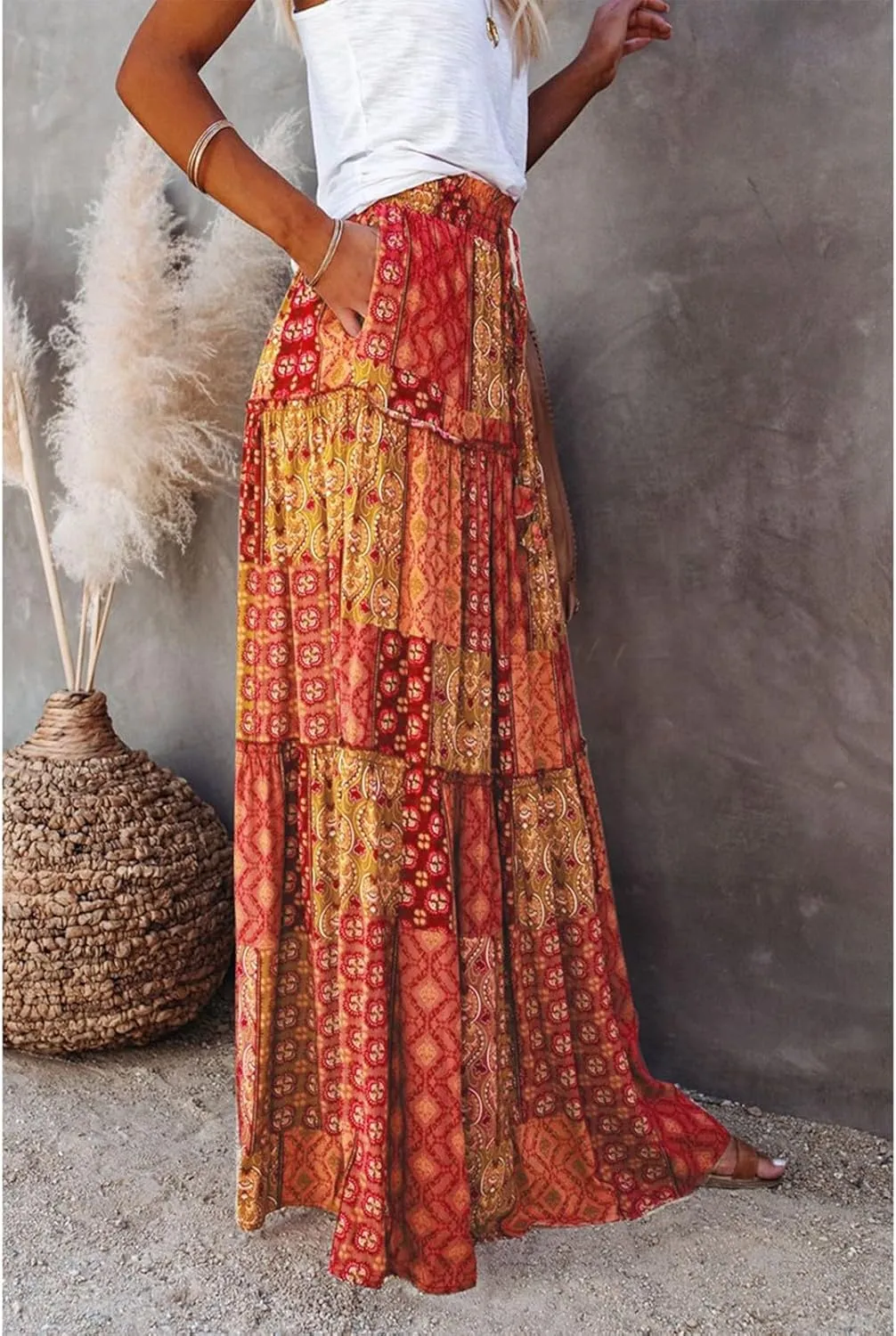 Midi Skirts for Women,Elastic High Waisted Drawstring Bohemian Flowy Maxi Skirts Trendy 2025 Summer Vacation