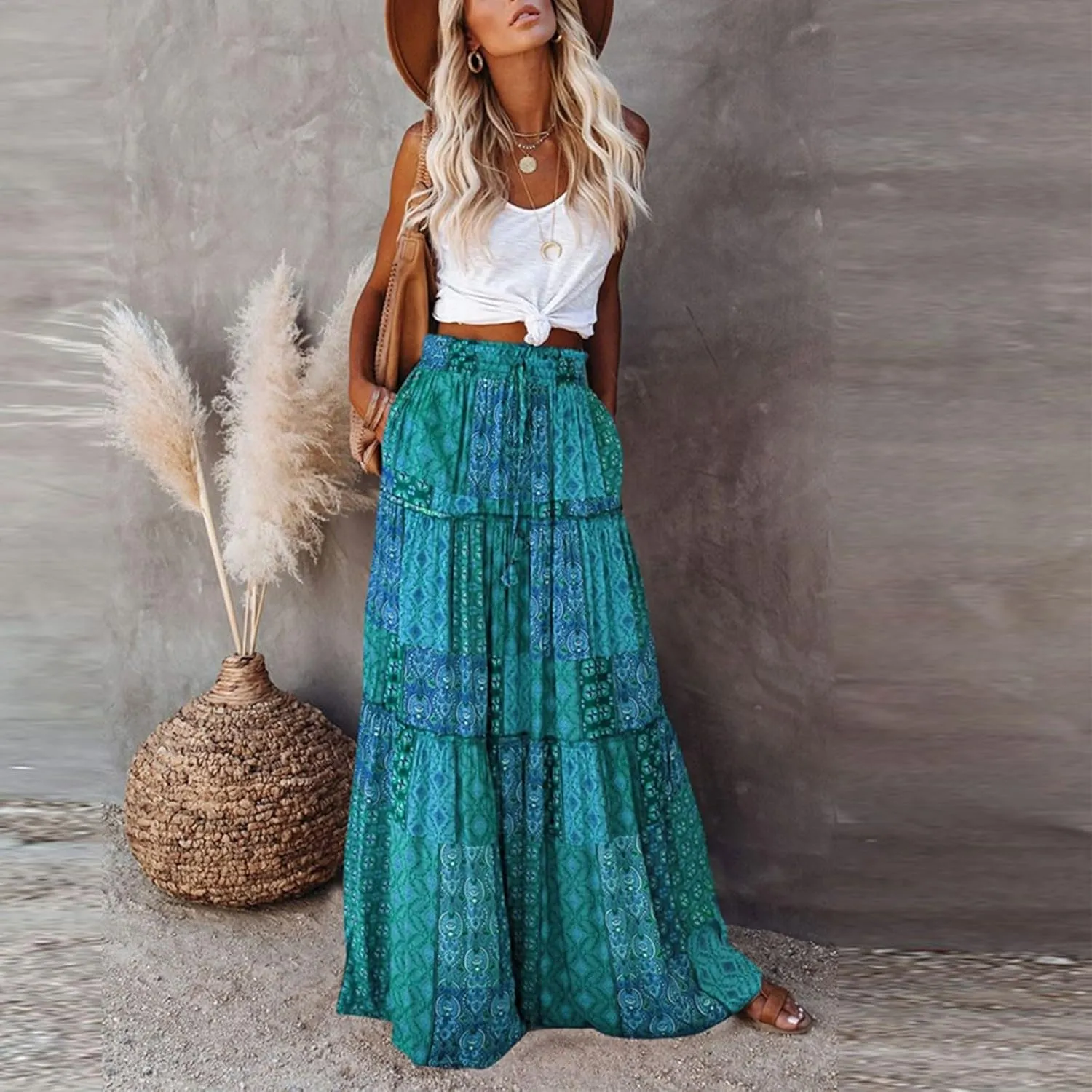 Midi Skirts for Women,Elastic High Waisted Drawstring Bohemian Flowy Maxi Skirts Trendy 2025 Summer Vacation