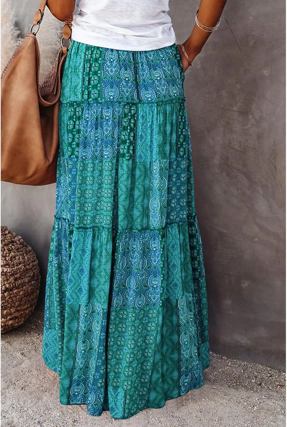 Midi Skirts for Women,Elastic High Waisted Drawstring Bohemian Flowy Maxi Skirts Trendy 2025 Summer Vacation