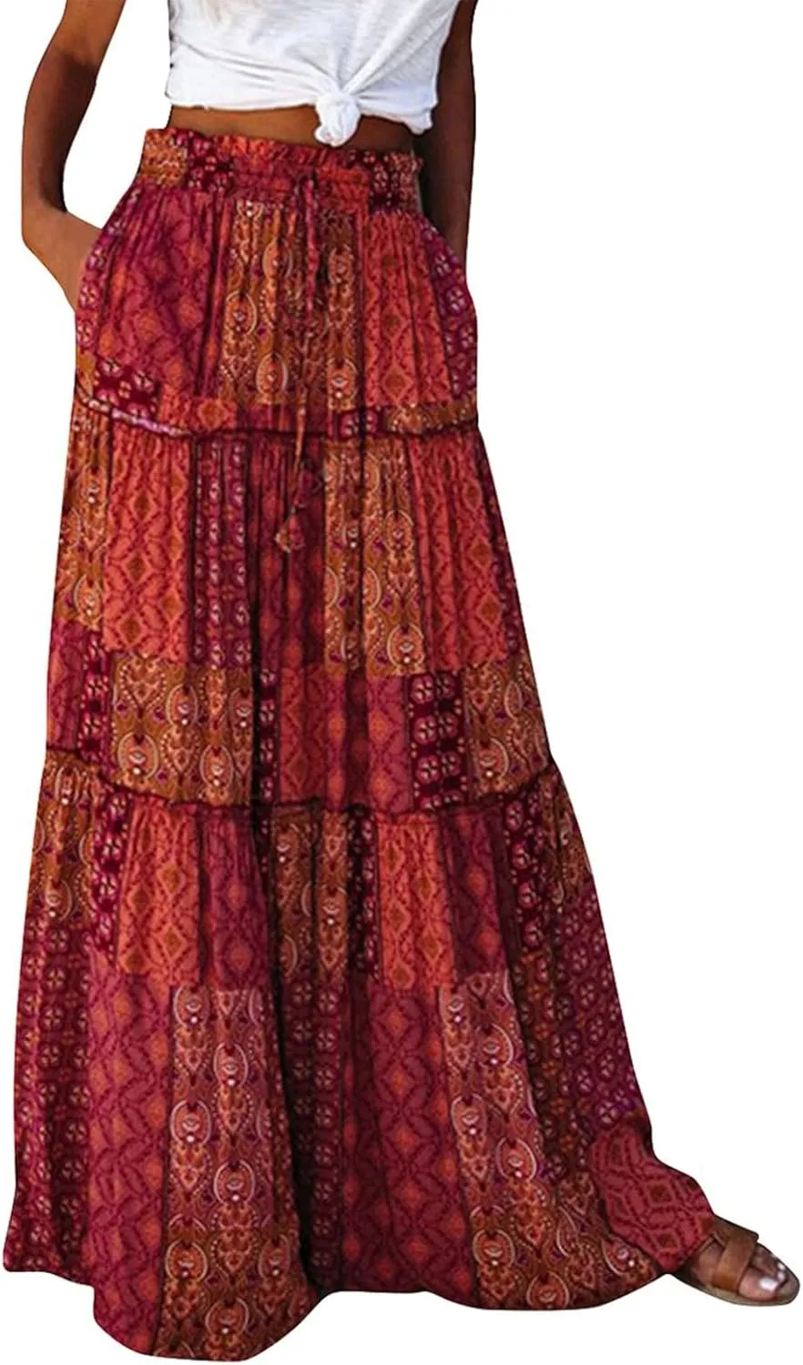 Midi Skirts for Women,Elastic High Waisted Drawstring Bohemian Flowy Maxi Skirts Trendy 2025 Summer Vacation