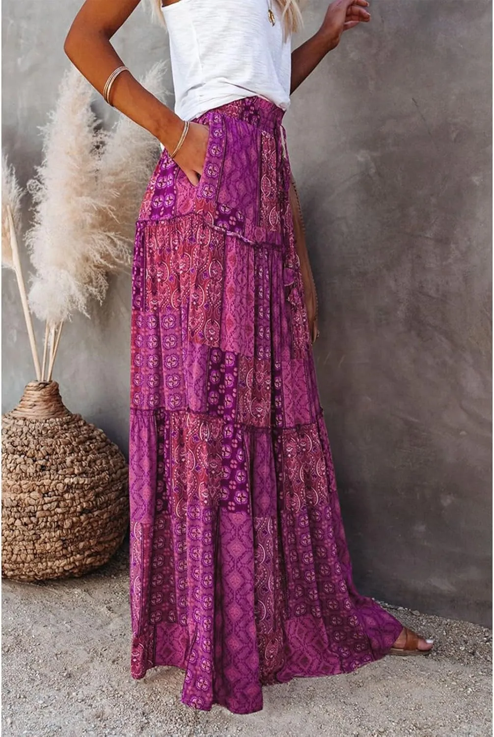 Midi Skirts for Women,Elastic High Waisted Drawstring Bohemian Flowy Maxi Skirts Trendy 2025 Summer Vacation