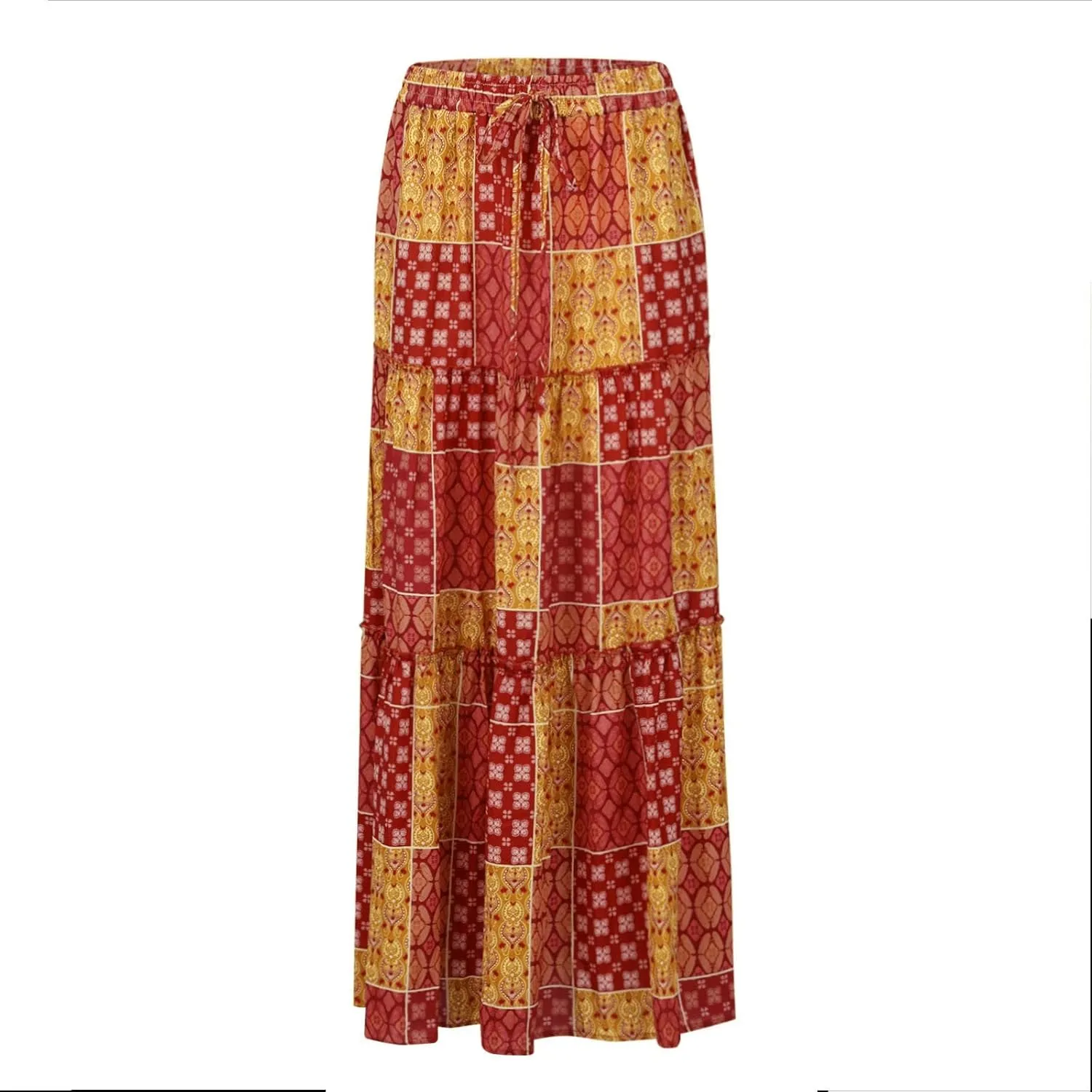 Midi Skirts for Women,Elastic High Waisted Drawstring Bohemian Flowy Maxi Skirts Trendy 2025 Summer Vacation