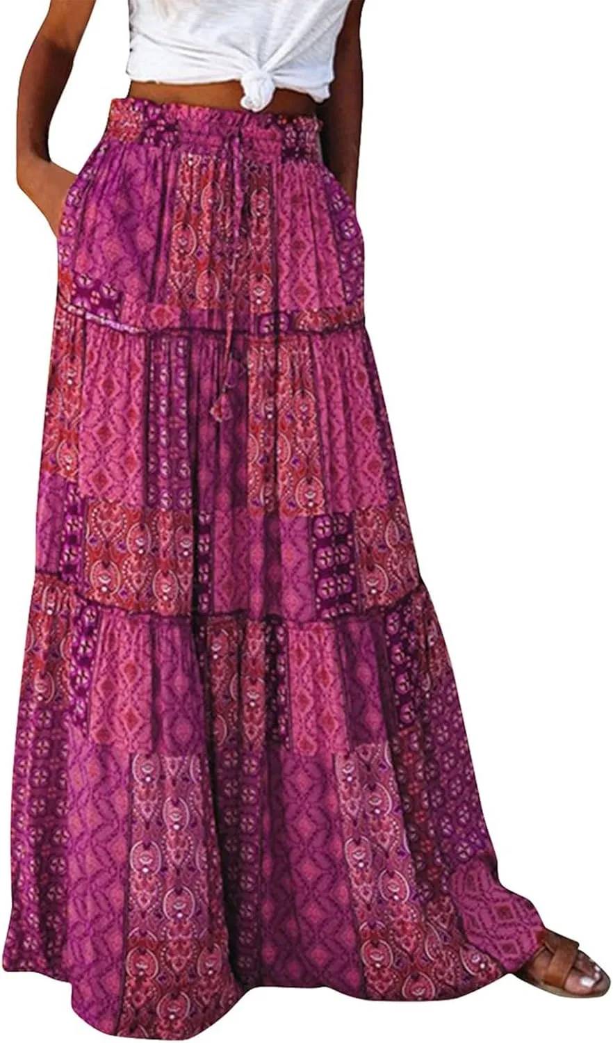Midi Skirts for Women,Elastic High Waisted Drawstring Bohemian Flowy Maxi Skirts Trendy 2025 Summer Vacation