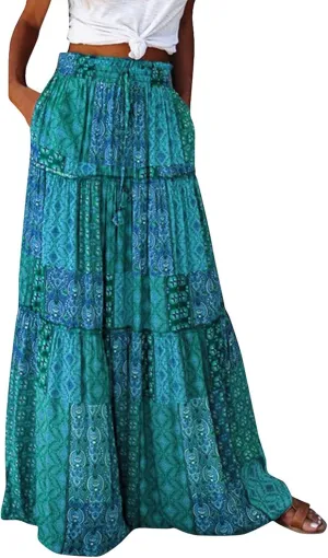 Midi Skirts for Women,Elastic High Waisted Drawstring Bohemian Flowy Maxi Skirts Trendy 2025 Summer Vacation