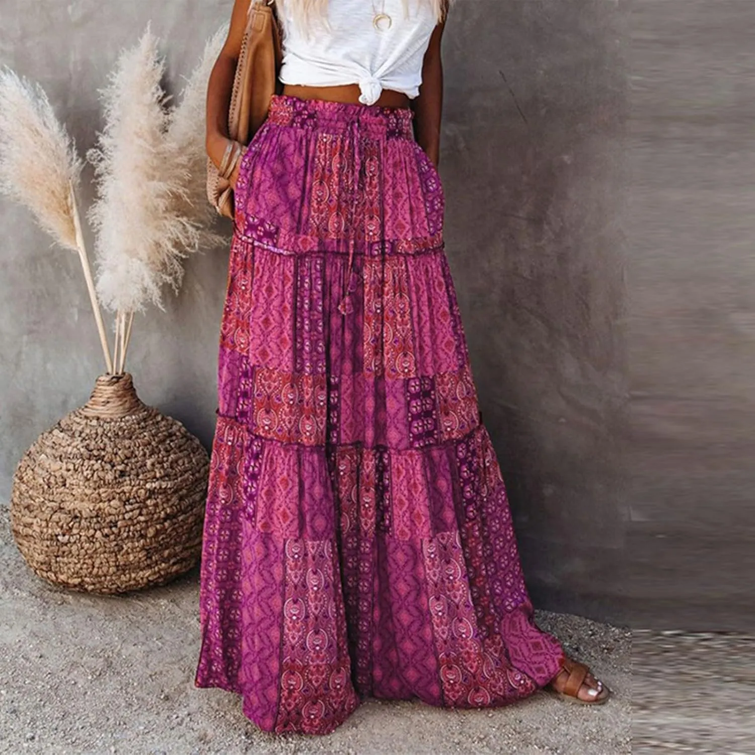 Midi Skirts for Women,Elastic High Waisted Drawstring Bohemian Flowy Maxi Skirts Trendy 2025 Summer Vacation