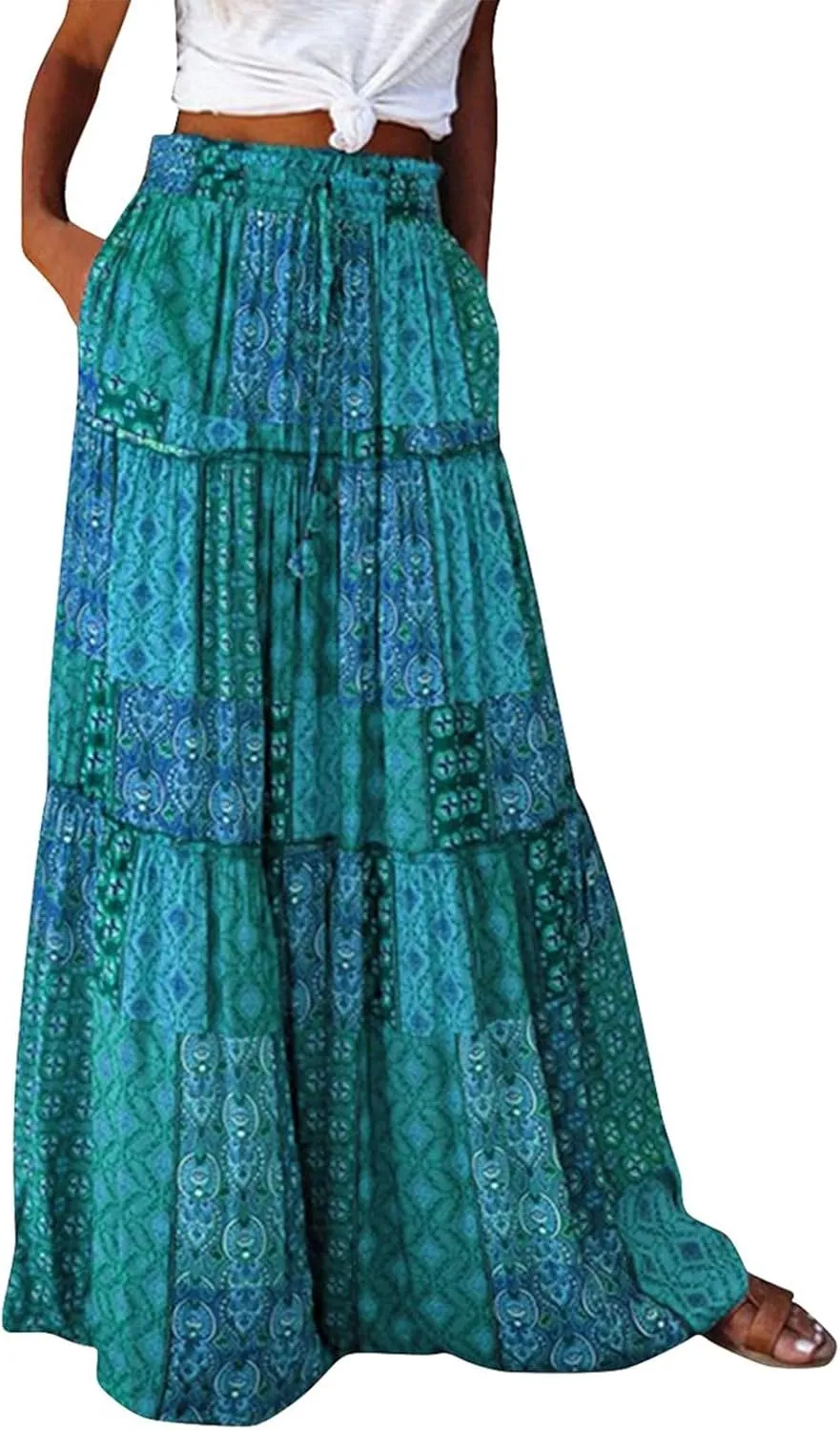 Midi Skirts for Women,Elastic High Waisted Drawstring Bohemian Flowy Maxi Skirts Trendy 2025 Summer Vacation