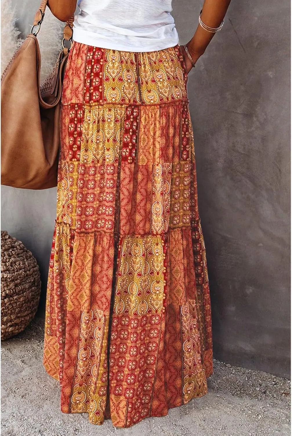Midi Skirts for Women,Elastic High Waisted Drawstring Bohemian Flowy Maxi Skirts Trendy 2025 Summer Vacation