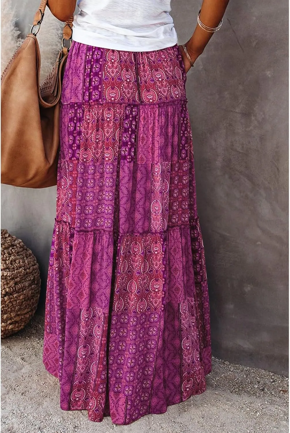 Midi Skirts for Women,Elastic High Waisted Drawstring Bohemian Flowy Maxi Skirts Trendy 2025 Summer Vacation