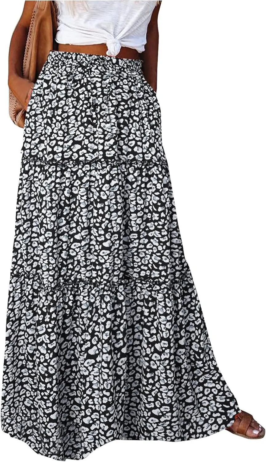 Midi Skirts for Women,Elastic High Waisted Drawstring Bohemian Flowy Maxi Skirts Trendy 2025 Summer Vacation