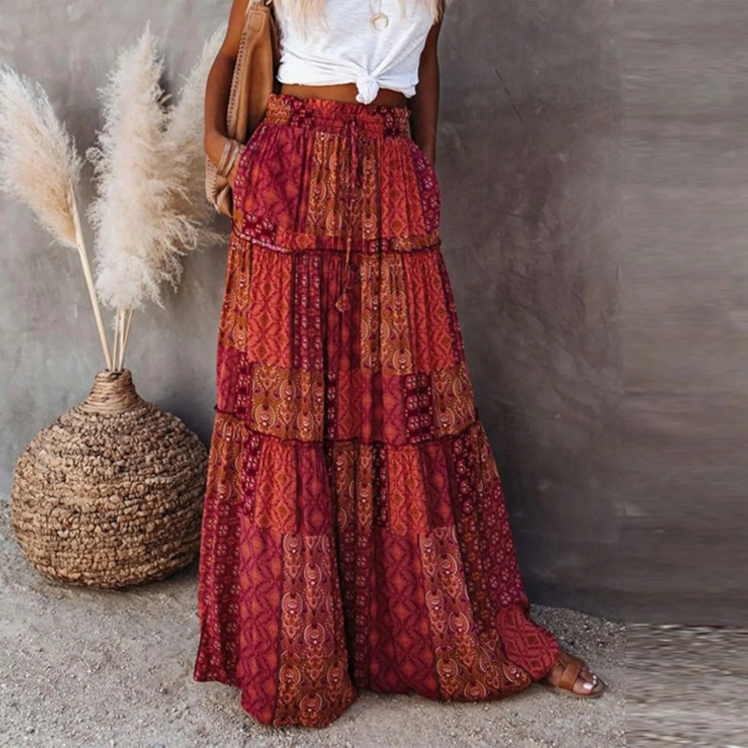 Midi Skirts for Women,Elastic High Waisted Drawstring Bohemian Flowy Maxi Skirts Trendy 2025 Summer Vacation