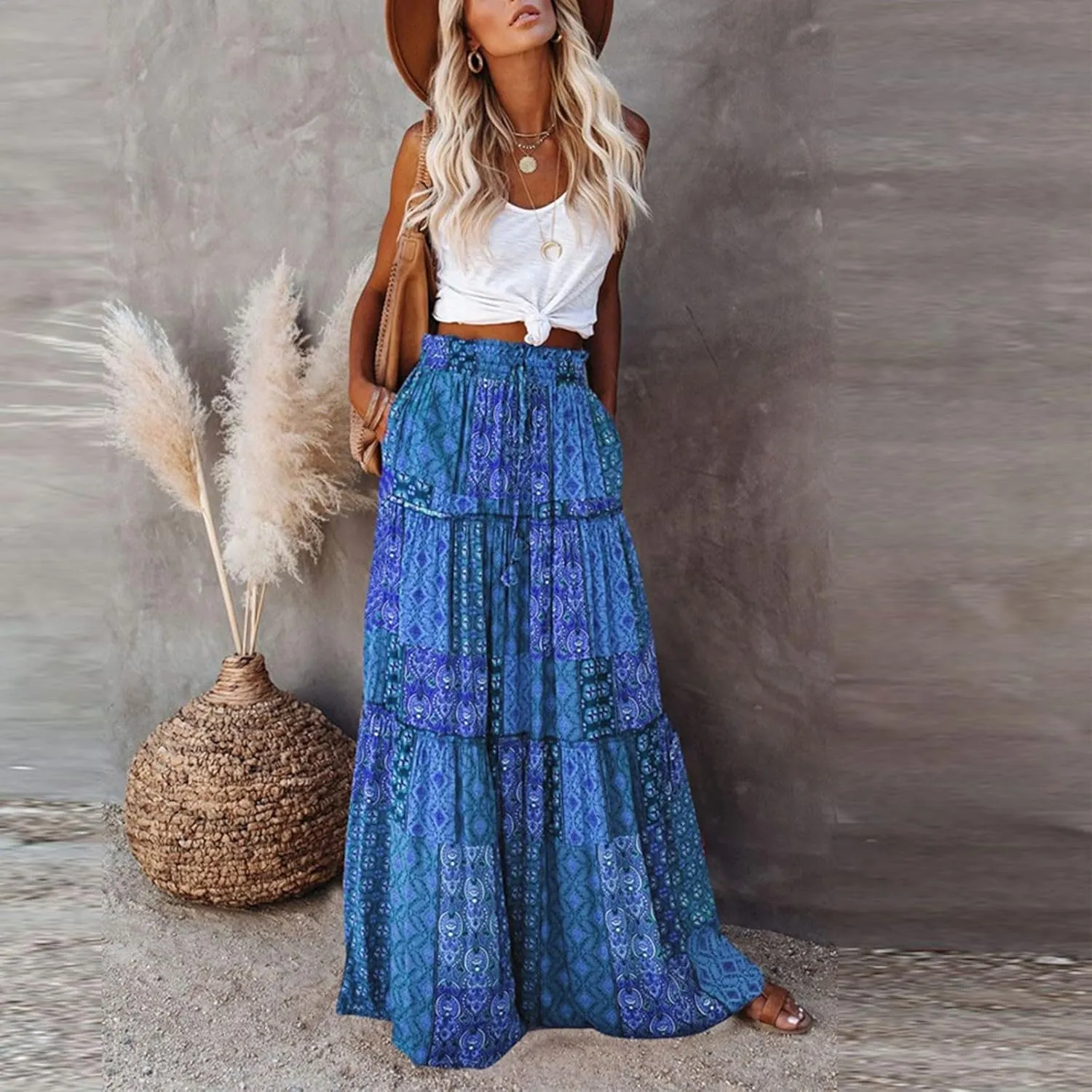 Midi Skirts for Women,Elastic High Waisted Drawstring Bohemian Flowy Maxi Skirts Trendy 2025 Summer Vacation