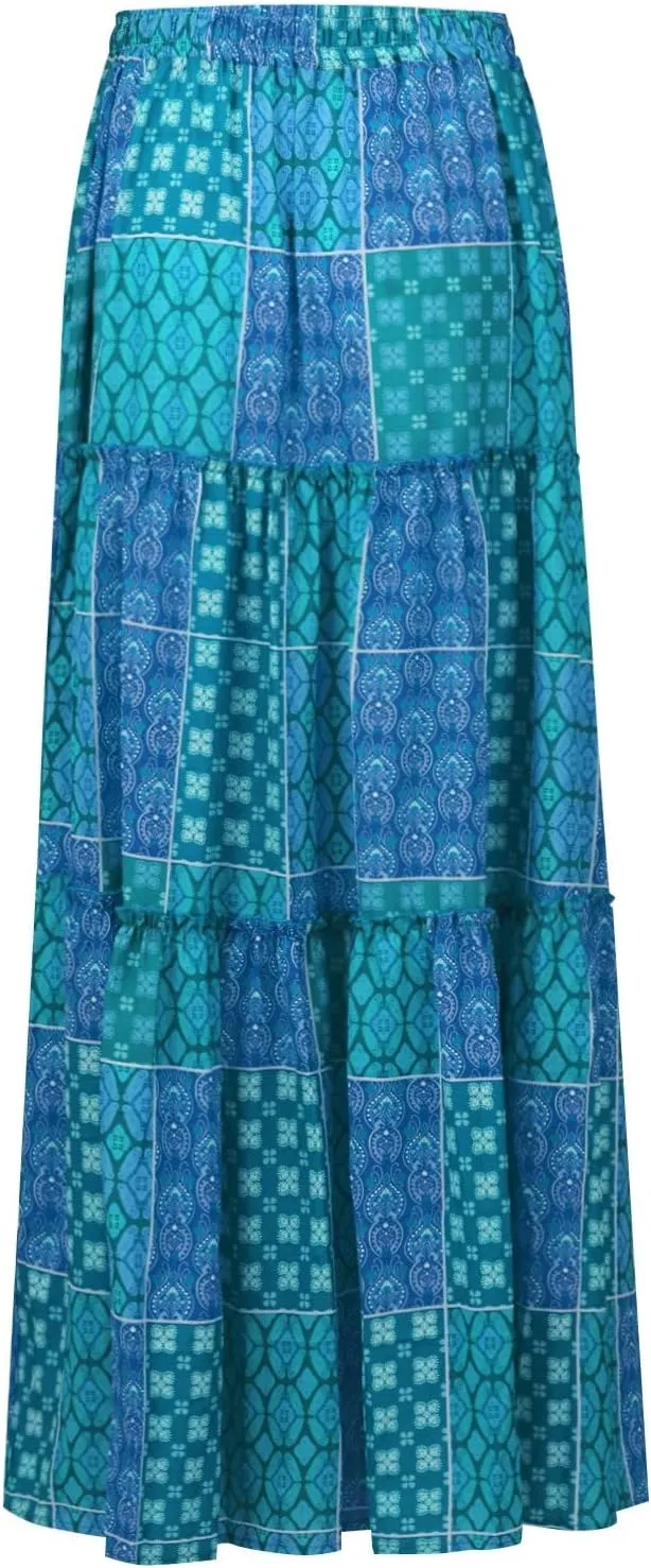 Midi Skirts for Women,Elastic High Waisted Drawstring Bohemian Flowy Maxi Skirts Trendy 2025 Summer Vacation