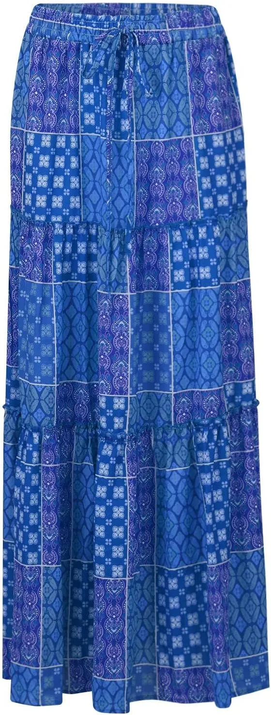 Midi Skirts for Women,Elastic High Waisted Drawstring Bohemian Flowy Maxi Skirts Trendy 2025 Summer Vacation