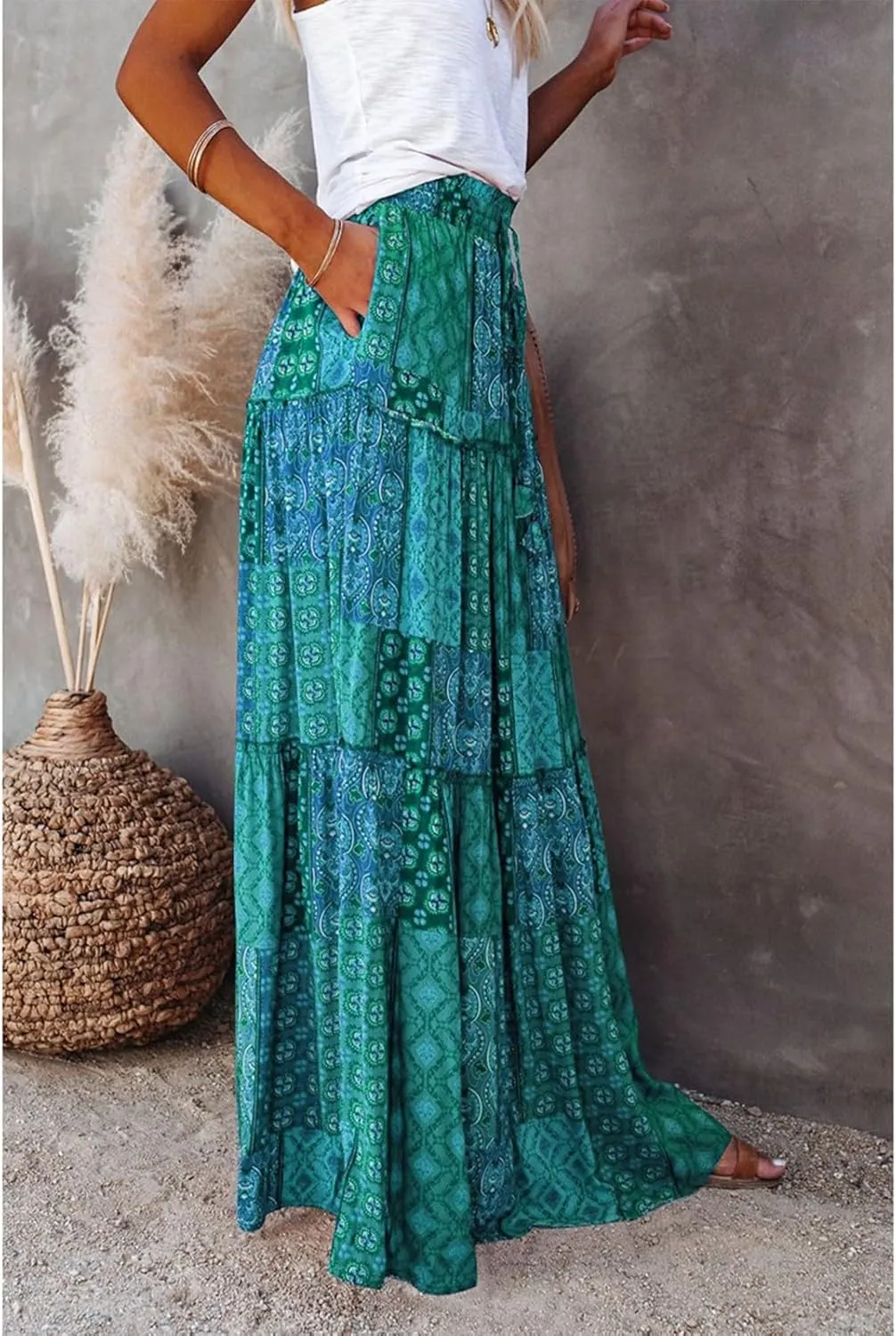 Midi Skirts for Women,Elastic High Waisted Drawstring Bohemian Flowy Maxi Skirts Trendy 2025 Summer Vacation