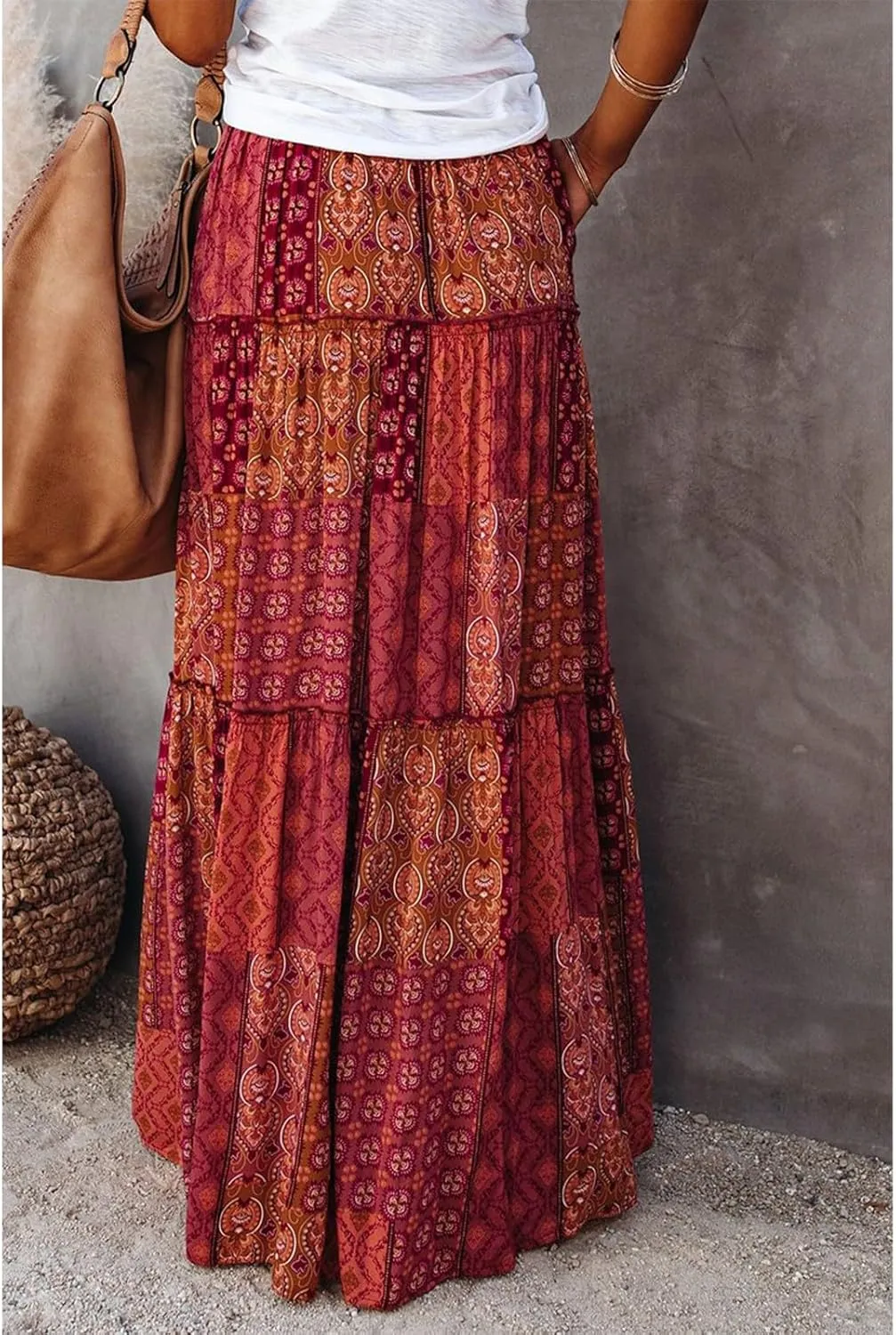 Midi Skirts for Women,Elastic High Waisted Drawstring Bohemian Flowy Maxi Skirts Trendy 2025 Summer Vacation