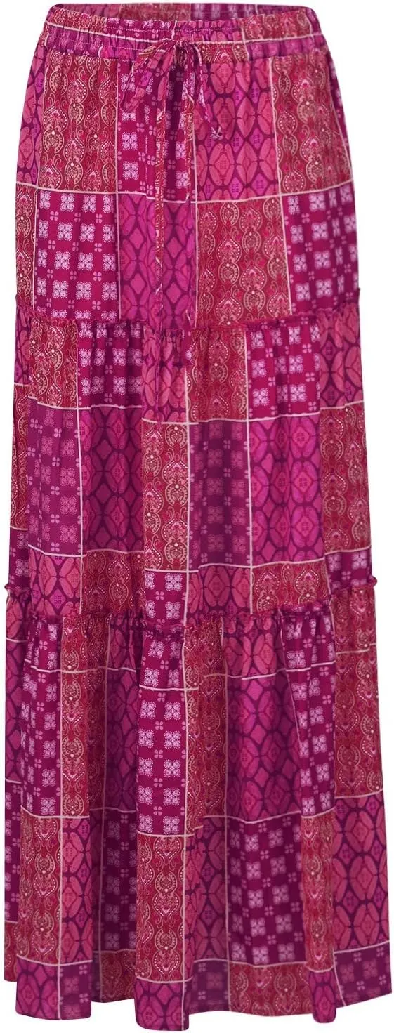 Midi Skirts for Women,Elastic High Waisted Drawstring Bohemian Flowy Maxi Skirts Trendy 2025 Summer Vacation