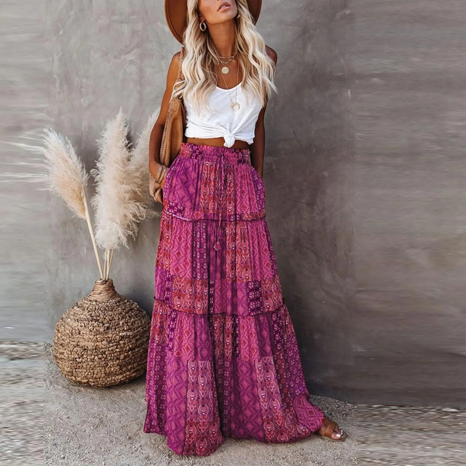 Midi Skirts for Women,Elastic High Waisted Drawstring Bohemian Flowy Maxi Skirts Trendy 2025 Summer Vacation