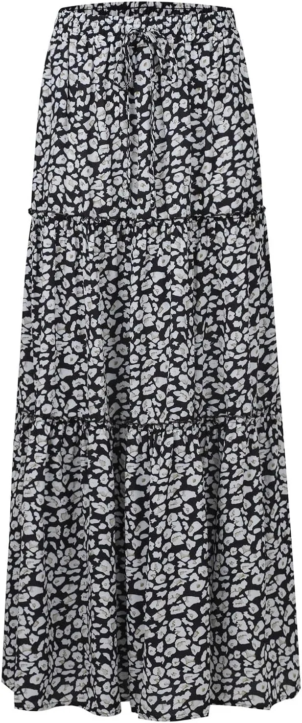Midi Skirts for Women,Elastic High Waisted Drawstring Bohemian Flowy Maxi Skirts Trendy 2025 Summer Vacation