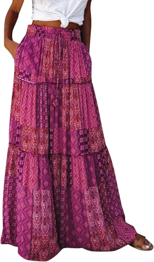 Midi Skirts for Women,Elastic High Waisted Drawstring Bohemian Flowy Maxi Skirts Trendy 2025 Summer Vacation