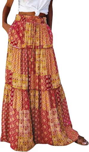 Midi Skirts for Women,Elastic High Waisted Drawstring Bohemian Flowy Maxi Skirts Trendy 2025 Summer Vacation