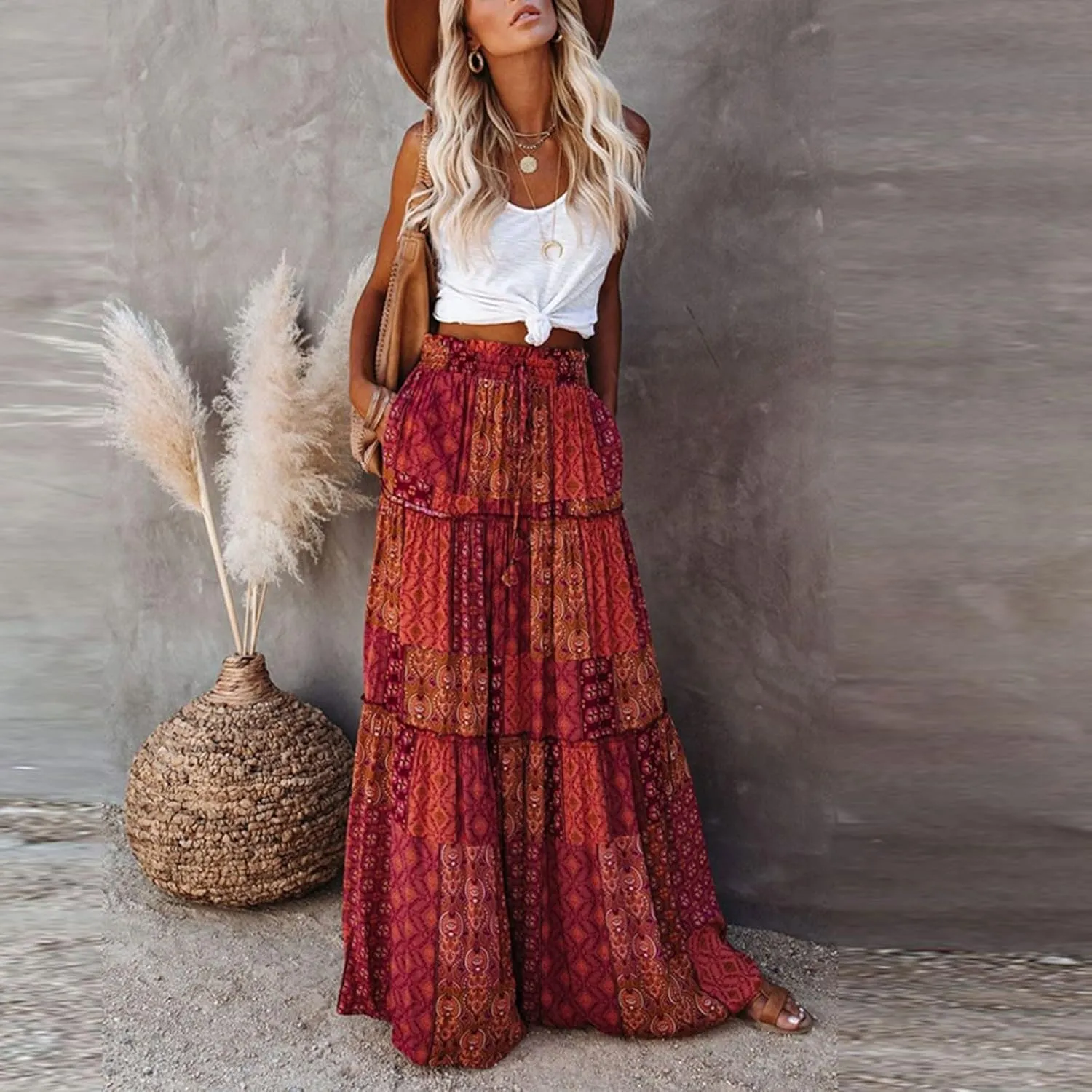 Midi Skirts for Women,Elastic High Waisted Drawstring Bohemian Flowy Maxi Skirts Trendy 2025 Summer Vacation