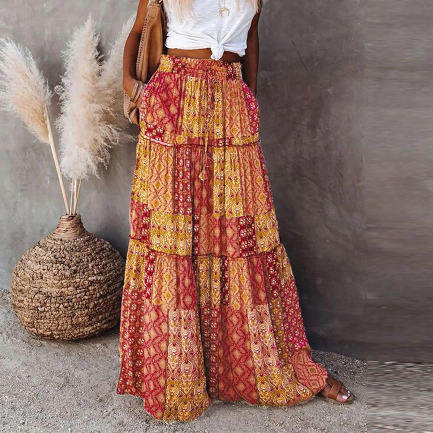 Midi Skirts for Women,Elastic High Waisted Drawstring Bohemian Flowy Maxi Skirts Trendy 2025 Summer Vacation