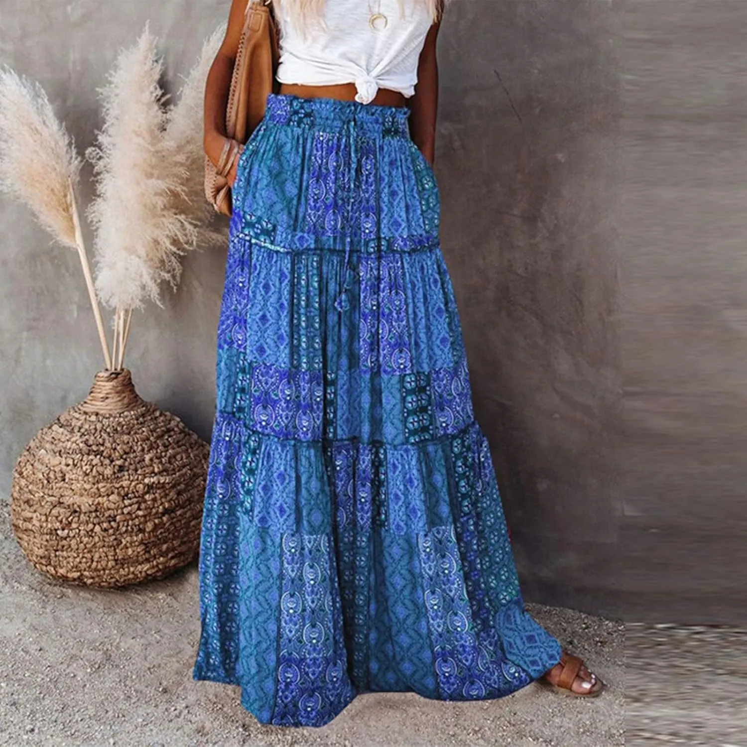 Midi Skirts for Women,Elastic High Waisted Drawstring Bohemian Flowy Maxi Skirts Trendy 2025 Summer Vacation