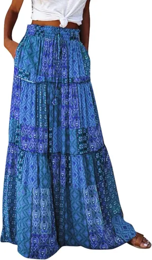 Midi Skirts for Women,Elastic High Waisted Drawstring Bohemian Flowy Maxi Skirts Trendy 2025 Summer Vacation