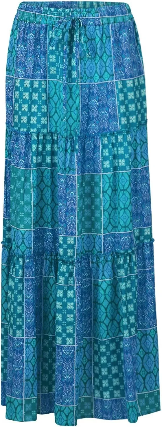 Midi Skirts for Women,Elastic High Waisted Drawstring Bohemian Flowy Maxi Skirts Trendy 2025 Summer Vacation