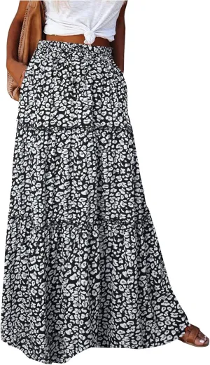 Midi Skirts for Women,Elastic High Waisted Drawstring Bohemian Flowy Maxi Skirts Trendy 2025 Summer Vacation