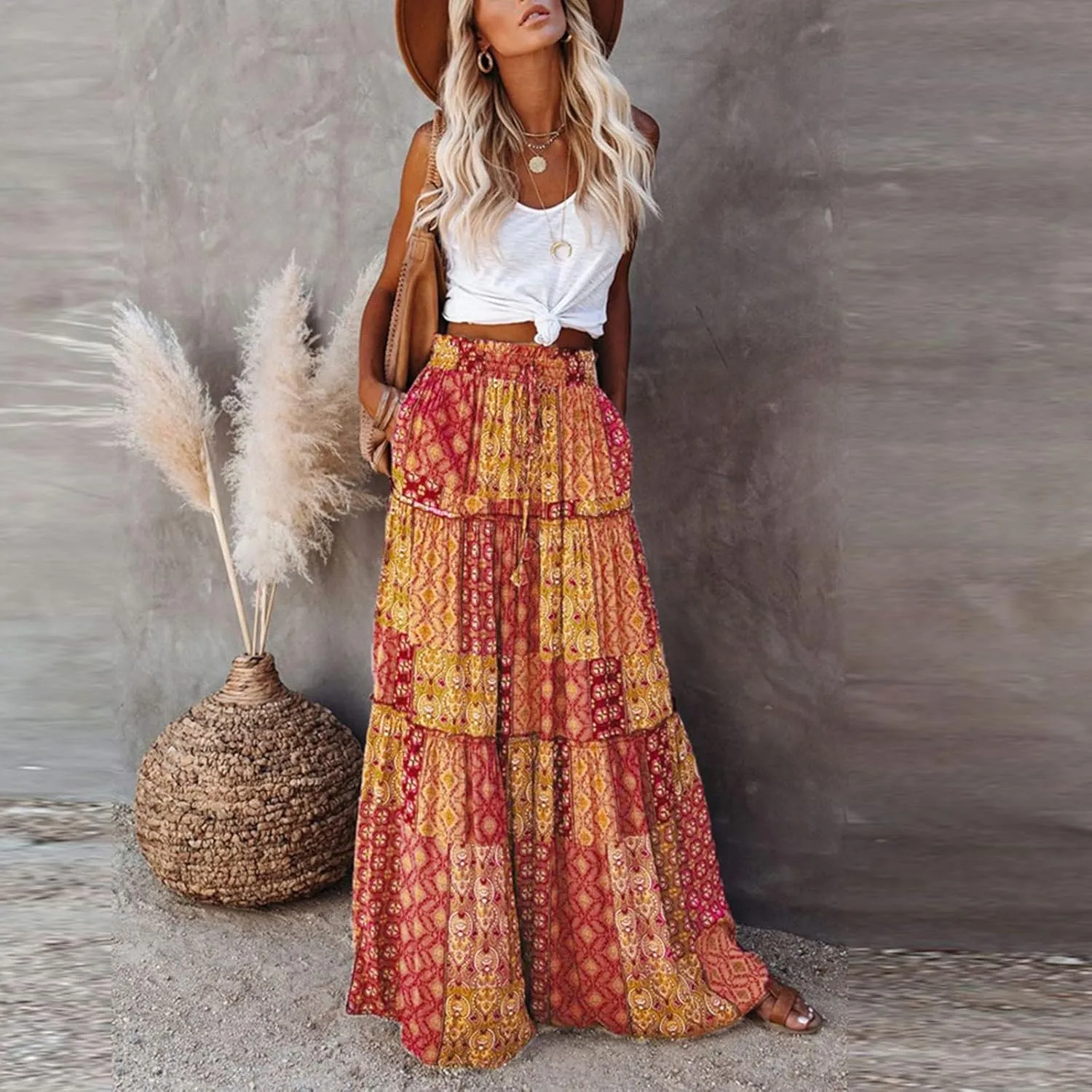 Midi Skirts for Women,Elastic High Waisted Drawstring Bohemian Flowy Maxi Skirts Trendy 2025 Summer Vacation