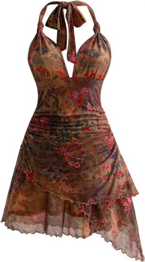 Milumia Women's Floral Knot Backless Halter Dress Asymmetrical Layered Mesh Mini Dresses