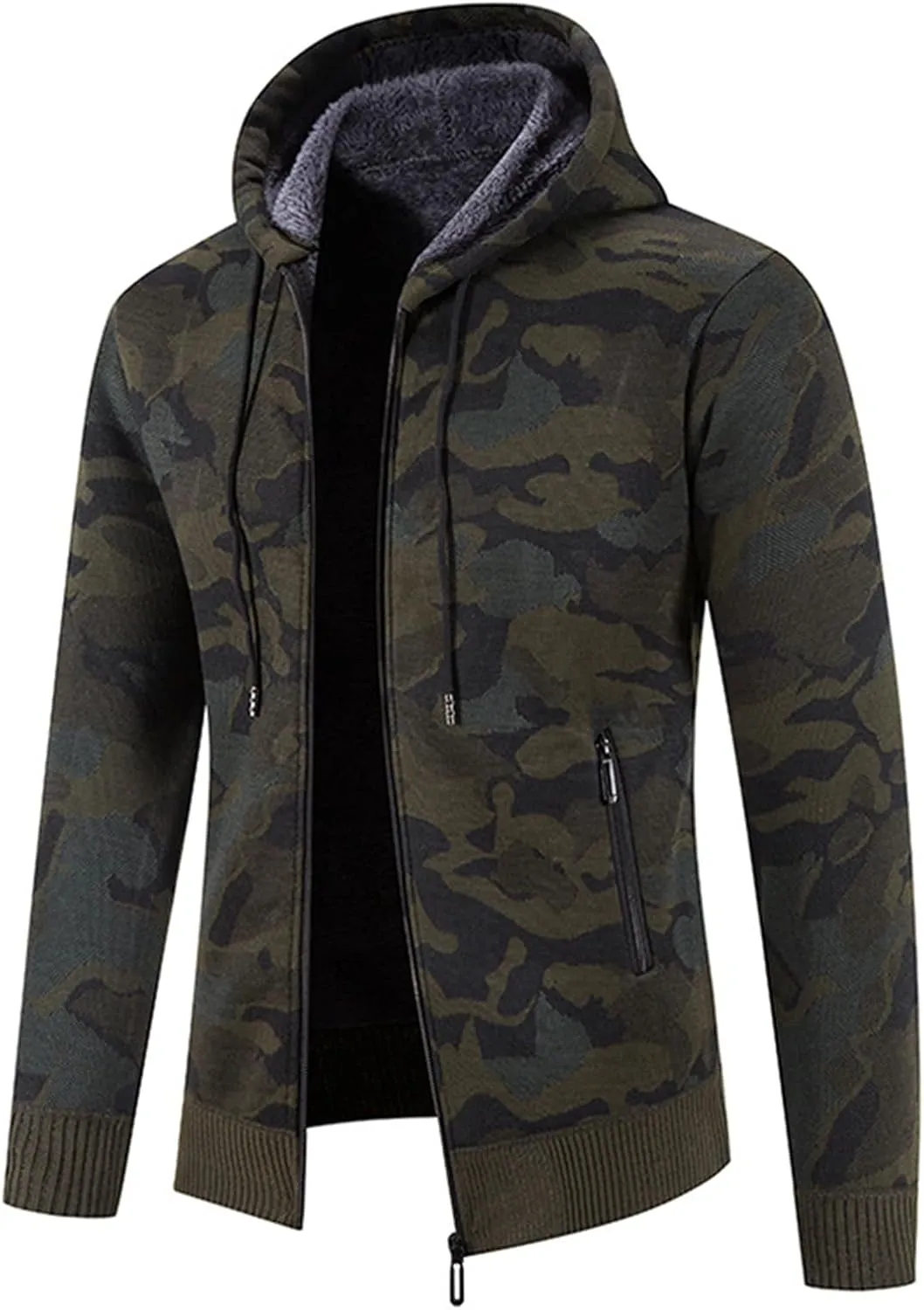 Mmoneyake Mens Camo Full Zip Hoodie Athletic Soft Sherpa Lined Fleece Hooded Sweater Jacket Long Sleeve Sweatshirt Sport Coat