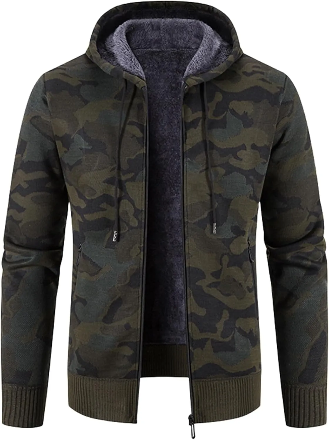 Mmoneyake Mens Camo Full Zip Hoodie Athletic Soft Sherpa Lined Fleece Hooded Sweater Jacket Long Sleeve Sweatshirt Sport Coat