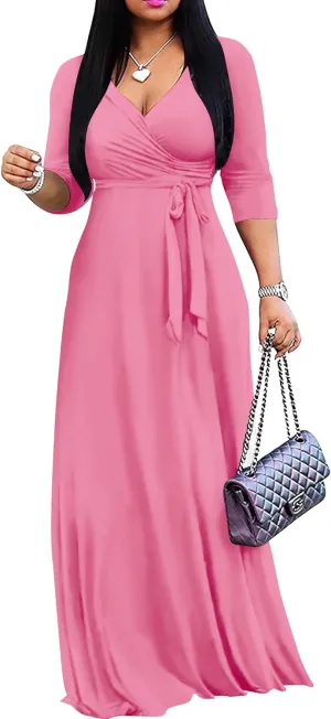Mrskoala Women Plus Size Long Maxi Wrap Dresses Summer Sundress V-Neck 3/4 Sleeve