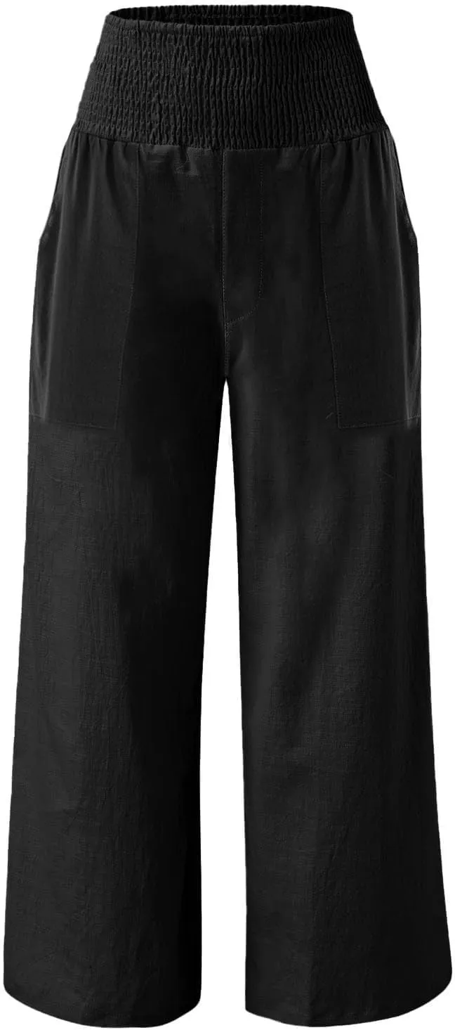 NBXNZWF Women Cotton Linen Pants Tummy Control Smocked High Waisted Wide Leg Casual Trousers Summer Lounge Pants with Pocket
